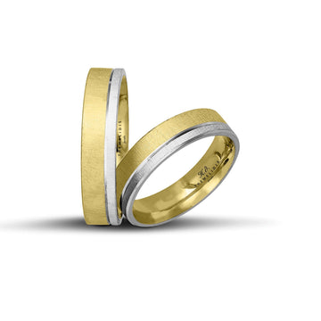 Δίχρωμες βέρες γάμου χρυσές και λευκόχρυσες 5 mm, σαγρέ με λουστρέ γραμμή, διαθέσιμες σε 9, 14, 18 ή 22 καράτια.